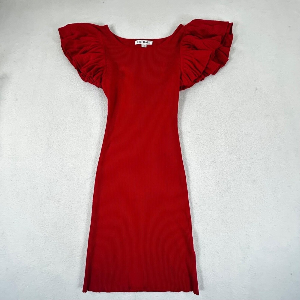 Ribbed Bodycon Dress Womens Medium Red Ruffle Sleeve Cocktail Party Bodycon Boho